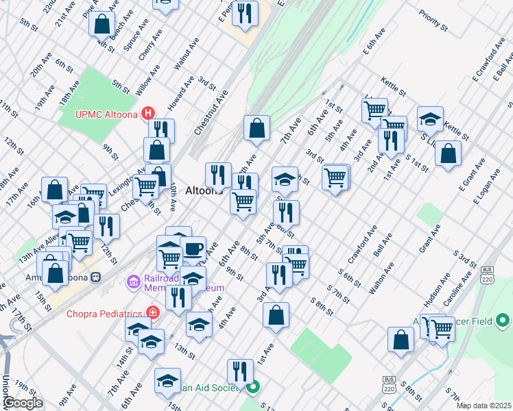 map of restaurants, bars, coffee shops, grocery stores, and more near 522 6th Ave in Altoona