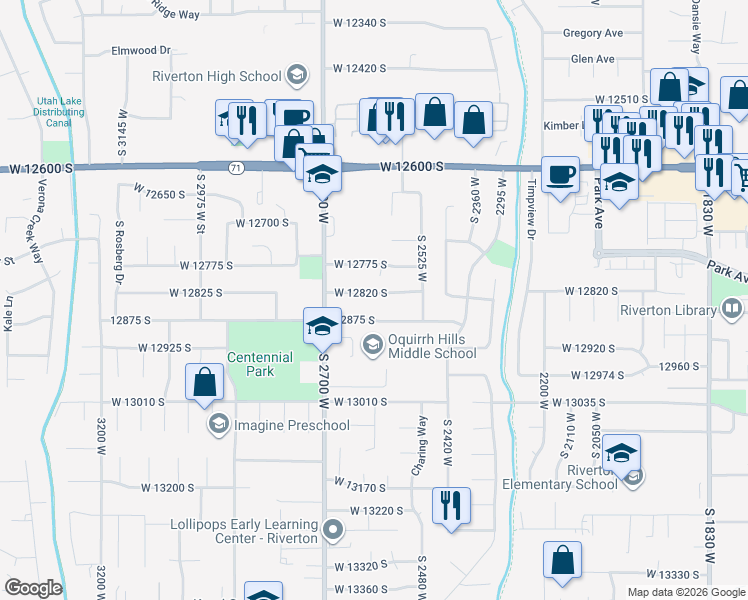 map of restaurants, bars, coffee shops, grocery stores, and more near 2609 West 12820 South in Riverton