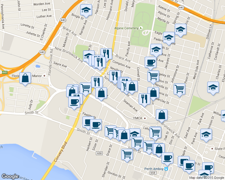 map of restaurants, bars, coffee shops, grocery stores, and more near 433 Broadhead Place in Perth Amboy