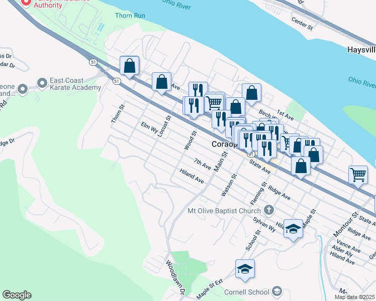 map of restaurants, bars, coffee shops, grocery stores, and more near 615 Wood Street in Coraopolis