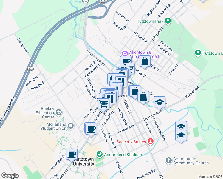 map of restaurants, bars, coffee shops, grocery stores, and more near 200 West Walnut Street in Kutztown
