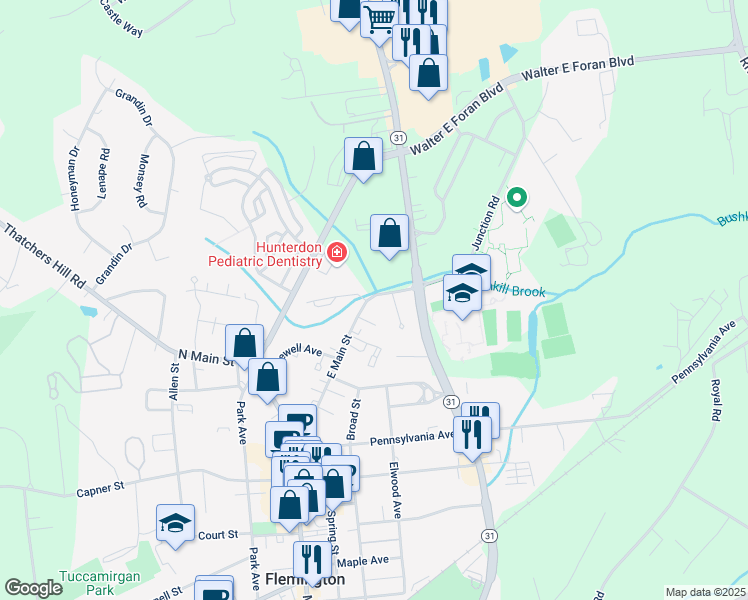 map of restaurants, bars, coffee shops, grocery stores, and more near 67 East Main Street in Flemington