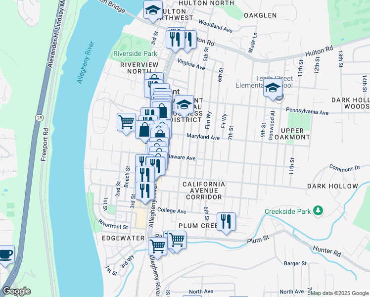 map of restaurants, bars, coffee shops, grocery stores, and more near 516 4th Street in Oakmont
