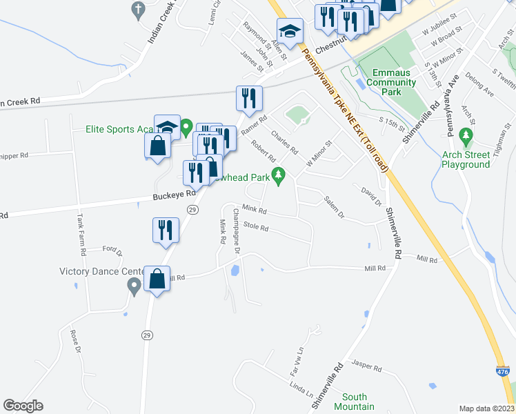 map of restaurants, bars, coffee shops, grocery stores, and more near 4000 Mink Road in Emmaus
