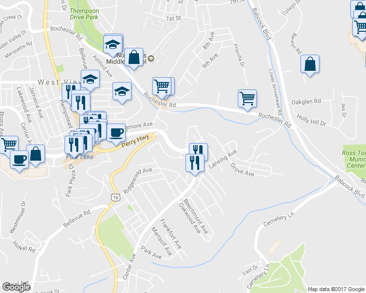 map of restaurants, bars, coffee shops, grocery stores, and more near 400 Center Ave in West View