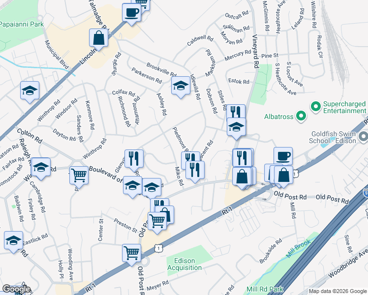 map of restaurants, bars, coffee shops, grocery stores, and more near 8 Piedmont Road in Edison