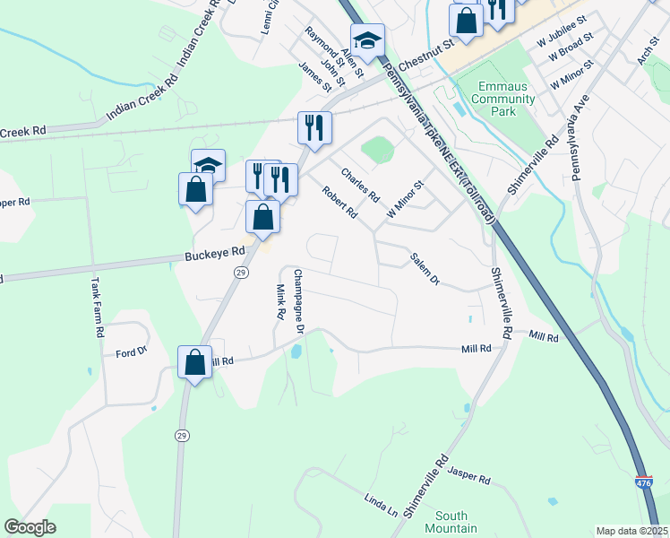 map of restaurants, bars, coffee shops, grocery stores, and more near 3992 Mink Road in Emmaus