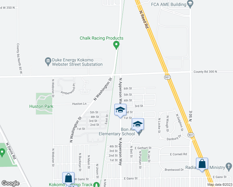 map of restaurants, bars, coffee shops, grocery stores, and more near 2939 N Apperson Way in Kokomo