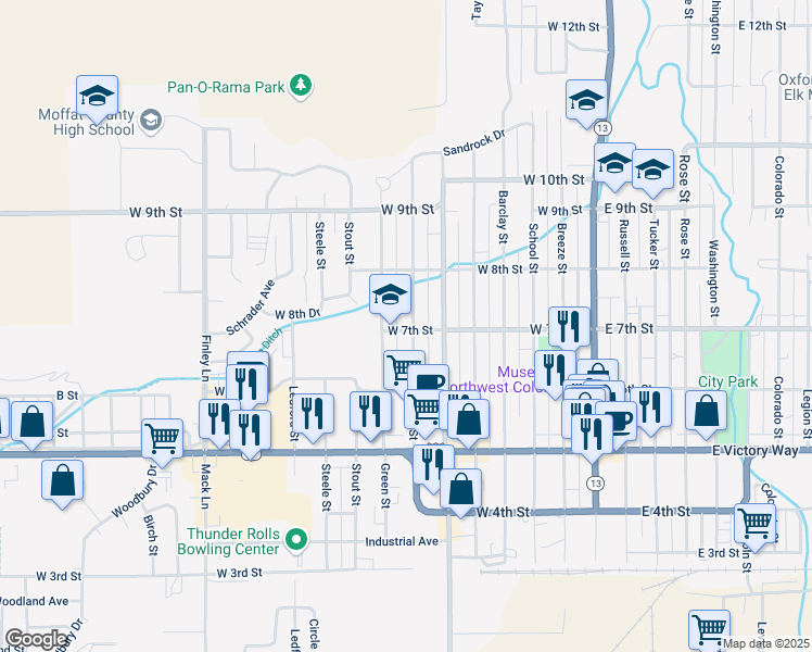 map of restaurants, bars, coffee shops, grocery stores, and more near 700 Pershing Street in Craig