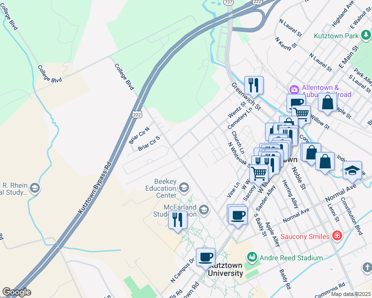 map of restaurants, bars, coffee shops, grocery stores, and more near 433 Wentz Street in Kutztown