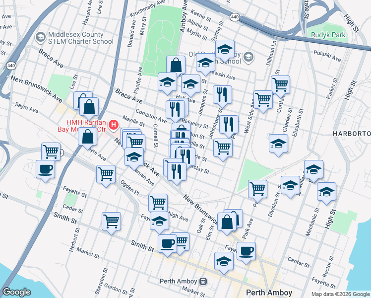 map of restaurants, bars, coffee shops, grocery stores, and more near 490 County Road 653 in Perth Amboy