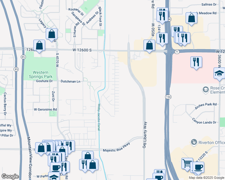 map of restaurants, bars, coffee shops, grocery stores, and more near 4216 West Gunlock Park Court in Riverton