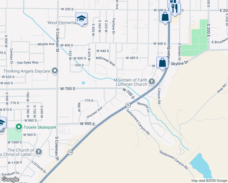 map of restaurants, bars, coffee shops, grocery stores, and more near 726 Pioneer Avenue in Tooele