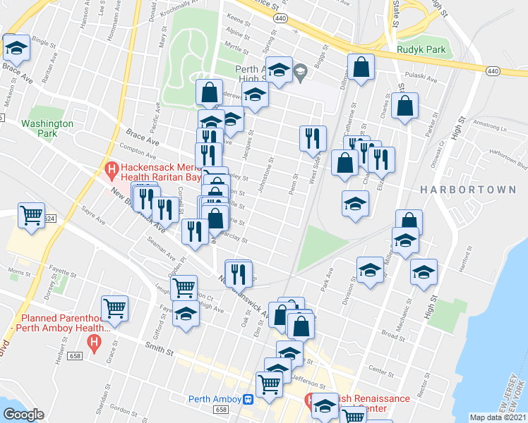 map of restaurants, bars, coffee shops, grocery stores, and more near 308 Neville Street in Perth Amboy