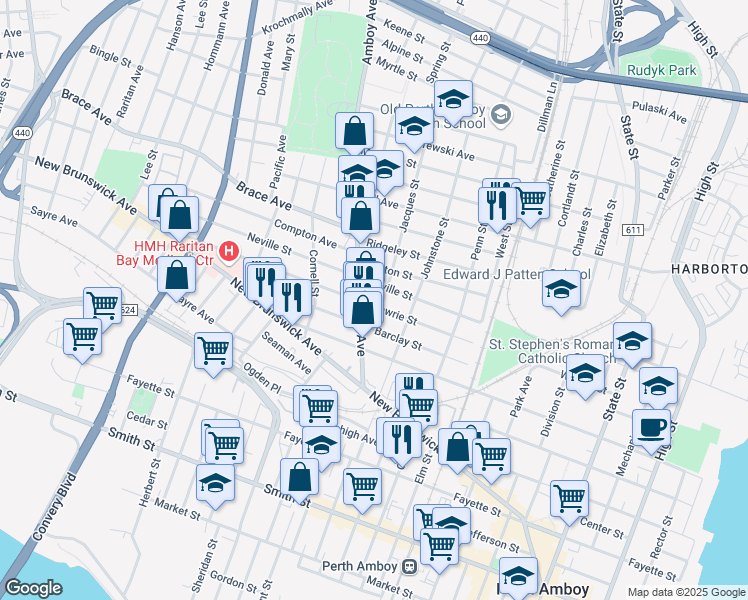 map of restaurants, bars, coffee shops, grocery stores, and more near 490 County Road 653 in Perth Amboy