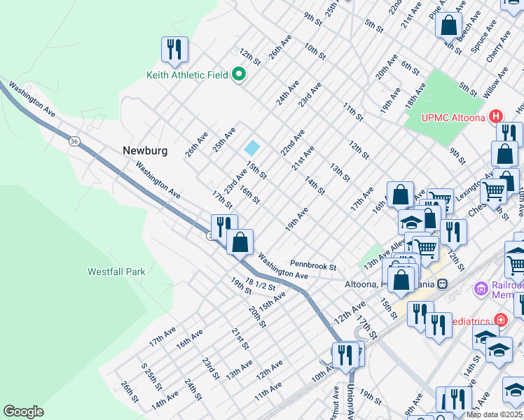 map of restaurants, bars, coffee shops, grocery stores, and more near 1601-05 21st Ave in Altoona