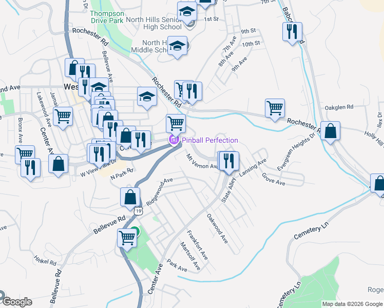 map of restaurants, bars, coffee shops, grocery stores, and more near 124 Mount Vernon Avenue in West View
