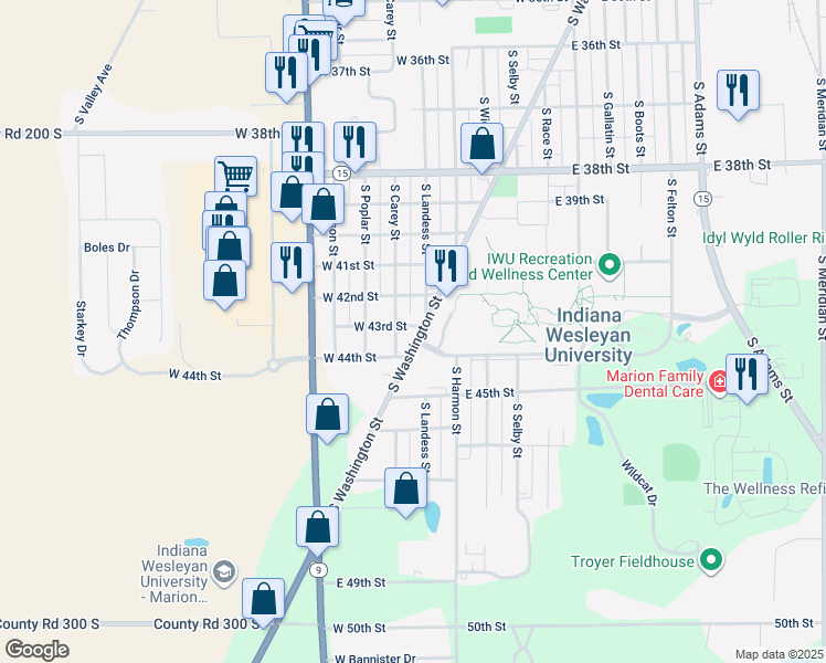 map of restaurants, bars, coffee shops, grocery stores, and more near 4302 S Washington St in Marion