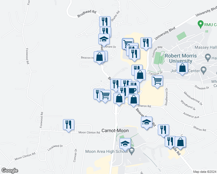 map of restaurants, bars, coffee shops, grocery stores, and more near 935 Brodhead Road in Coraopolis