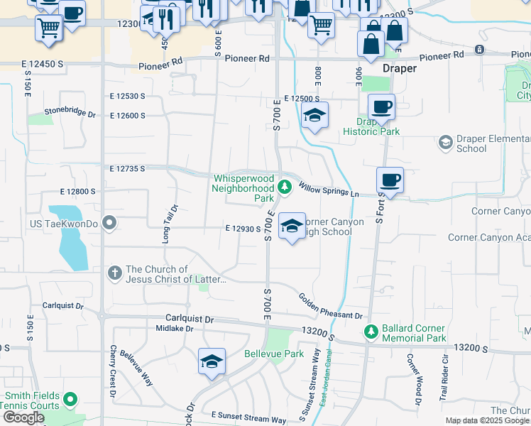 map of restaurants, bars, coffee shops, grocery stores, and more near 12863 Whisper Ridge Road in Draper