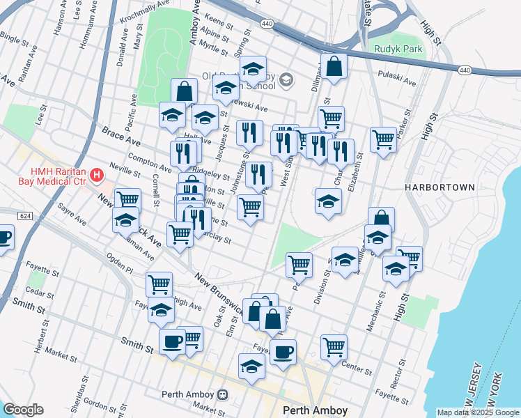 map of restaurants, bars, coffee shops, grocery stores, and more near 532 Penn Street in Perth Amboy