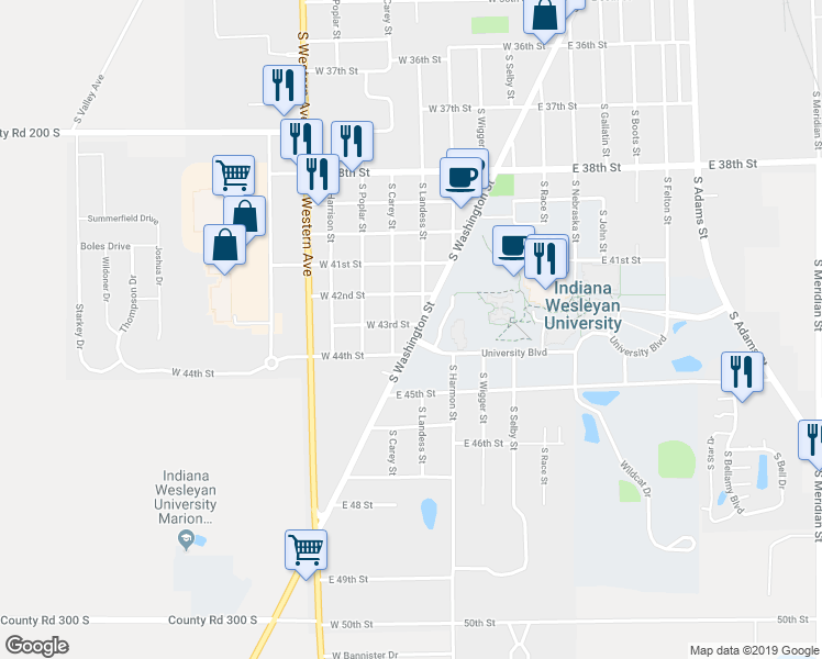 map of restaurants, bars, coffee shops, grocery stores, and more near 4302 South Washington Street in Marion