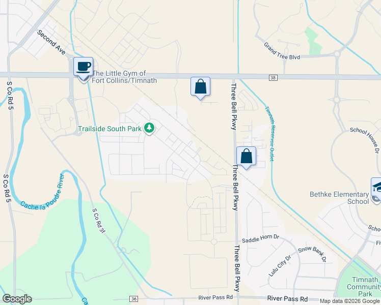 map of restaurants, bars, coffee shops, grocery stores, and more near 4908 Brule Drive in Timnath