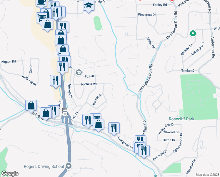 map of restaurants, bars, coffee shops, grocery stores, and more near 325 Nichols Rd in Pittsburgh