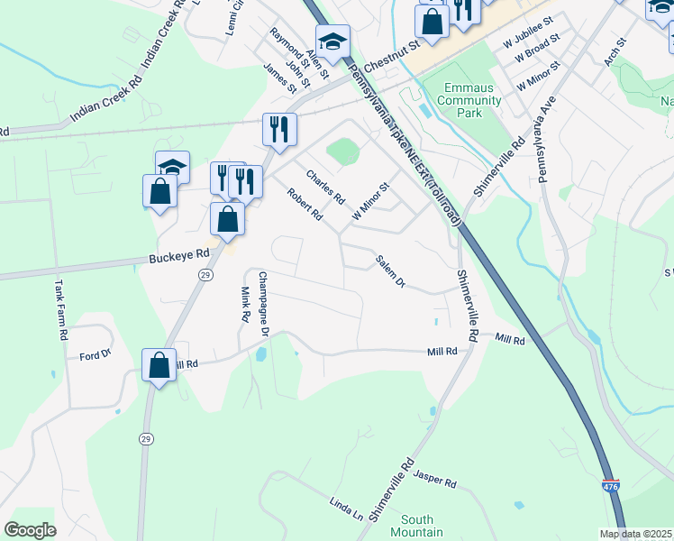 map of restaurants, bars, coffee shops, grocery stores, and more near 3951 West Minor Street in Emmaus
