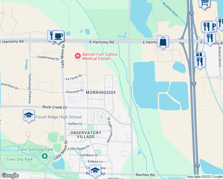 map of restaurants, bars, coffee shops, grocery stores, and more near 3926 Precision Drive in Fort Collins
