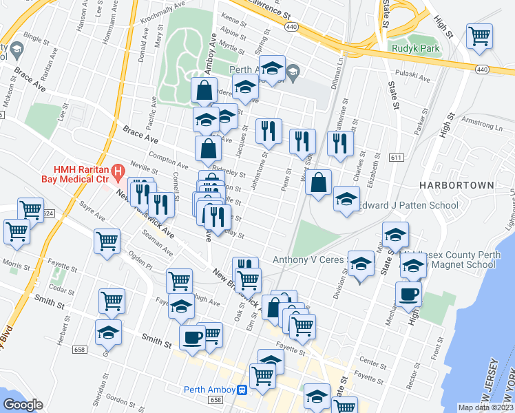 map of restaurants, bars, coffee shops, grocery stores, and more near 310 Neville Street in Perth Amboy