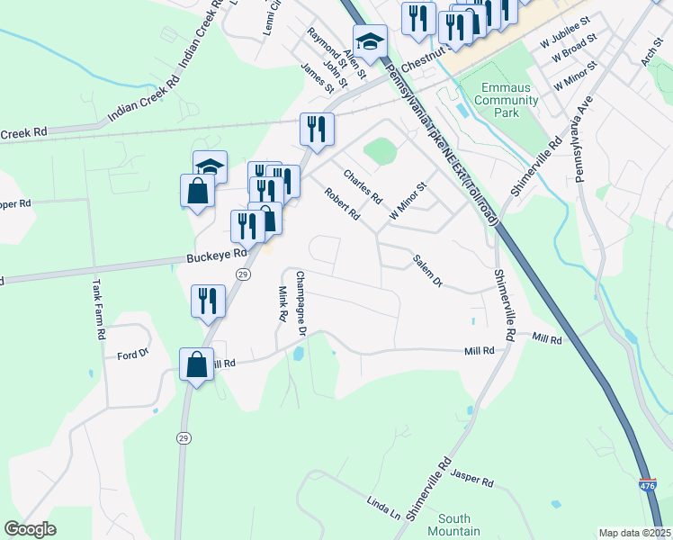 map of restaurants, bars, coffee shops, grocery stores, and more near 3992 Mink Road in Emmaus