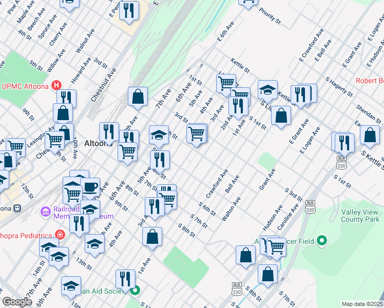 map of restaurants, bars, coffee shops, grocery stores, and more near 407 3rd Avenue in Altoona
