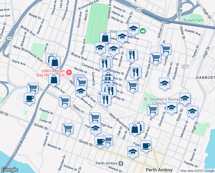map of restaurants, bars, coffee shops, grocery stores, and more near 490 County Road 653 in Perth Amboy