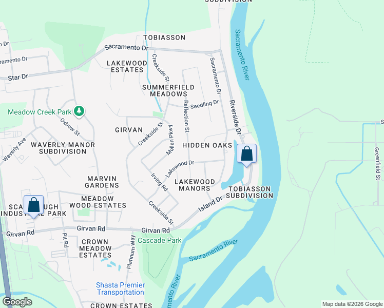 map of restaurants, bars, coffee shops, grocery stores, and more near 6867 Reflection Street in Redding