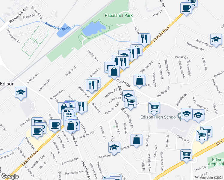map of restaurants, bars, coffee shops, grocery stores, and more near 26 Matson Road in Edison