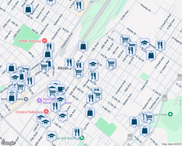map of restaurants, bars, coffee shops, grocery stores, and more near 502-04 5th Avenue in Altoona