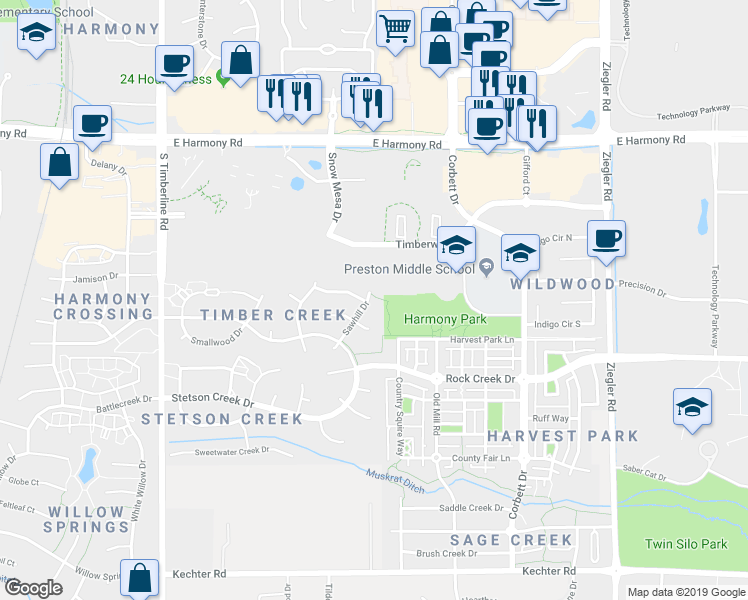 map of restaurants, bars, coffee shops, grocery stores, and more near 4912 Sawhill Drive in Fort Collins
