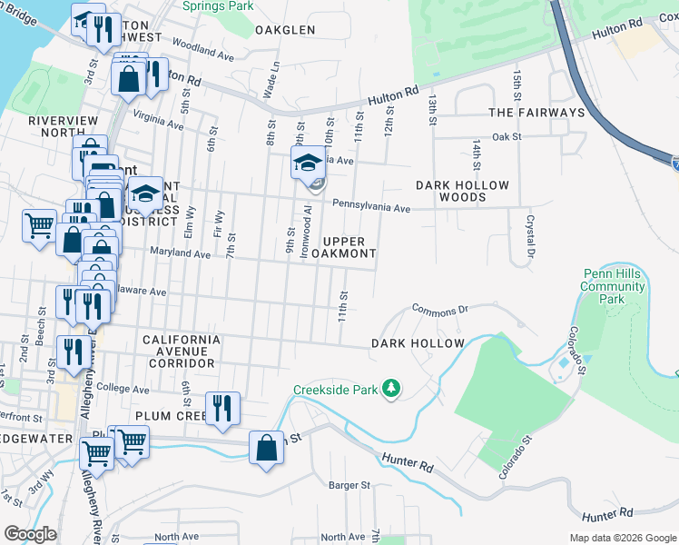 map of restaurants, bars, coffee shops, grocery stores, and more near 547 11th Street in Oakmont