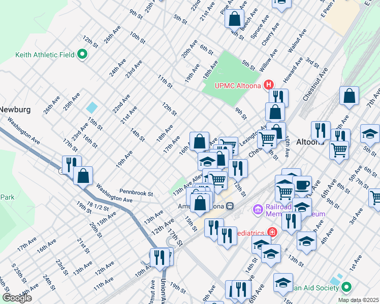 map of restaurants, bars, coffee shops, grocery stores, and more near 1510 13th Street in Altoona