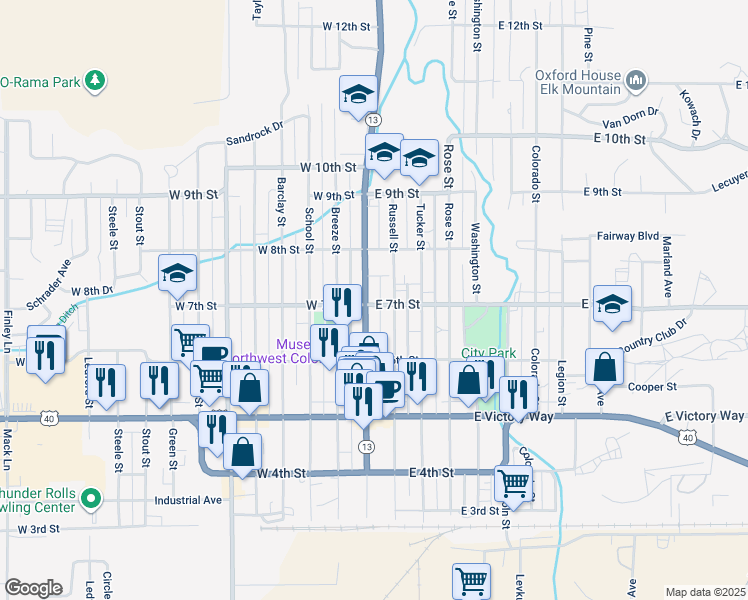 map of restaurants, bars, coffee shops, grocery stores, and more near 701 Yampa Avenue in Craig