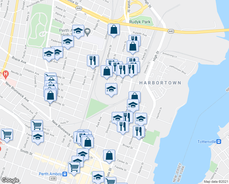 map of restaurants, bars, coffee shops, grocery stores, and more near 586 Charles Street in Perth Amboy