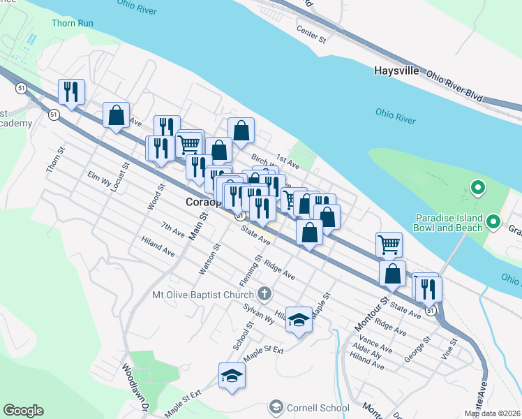 map of restaurants, bars, coffee shops, grocery stores, and more near 1010 Pennsylvania 51 in Coraopolis