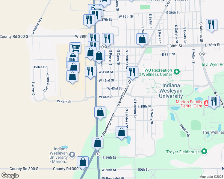 map of restaurants, bars, coffee shops, grocery stores, and more near 4301 South Poplar Street in Marion