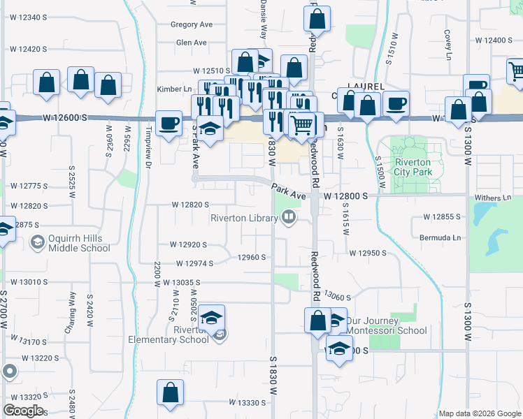 map of restaurants, bars, coffee shops, grocery stores, and more near 1869 Rip's Court in Riverton