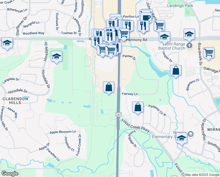 map of restaurants, bars, coffee shops, grocery stores, and more near 4921 South College Avenue in Fort Collins