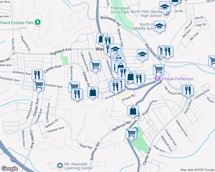 map of restaurants, bars, coffee shops, grocery stores, and more near 1 Montclair Avenue in Pittsburgh