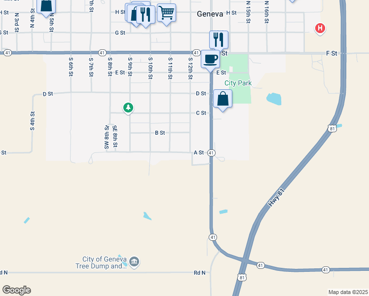 map of restaurants, bars, coffee shops, grocery stores, and more near 639 South 12th Street in Geneva