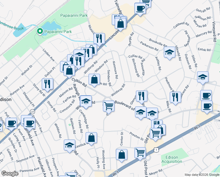 map of restaurants, bars, coffee shops, grocery stores, and more near 34 Sanders Road in Edison