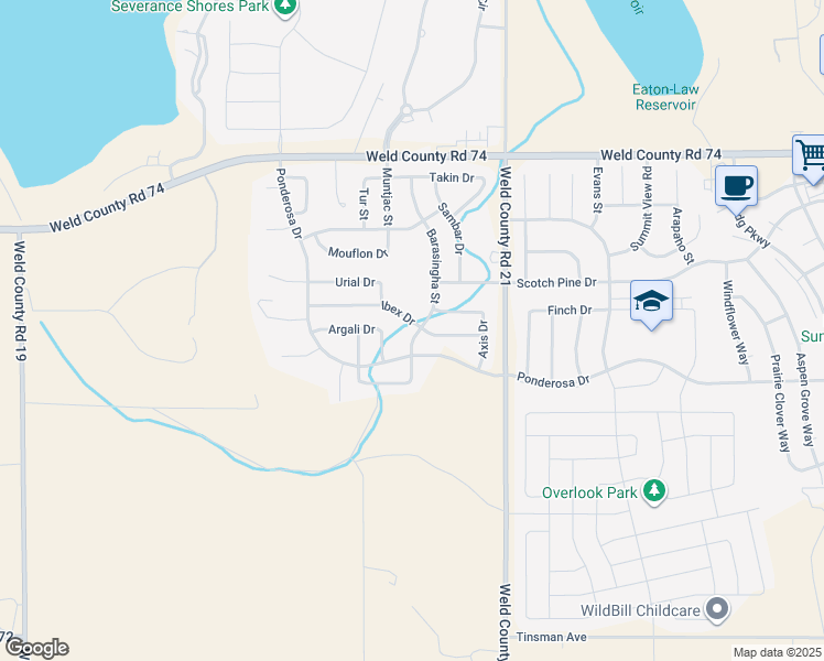 map of restaurants, bars, coffee shops, grocery stores, and more near 949 Barasingha Street in Severance